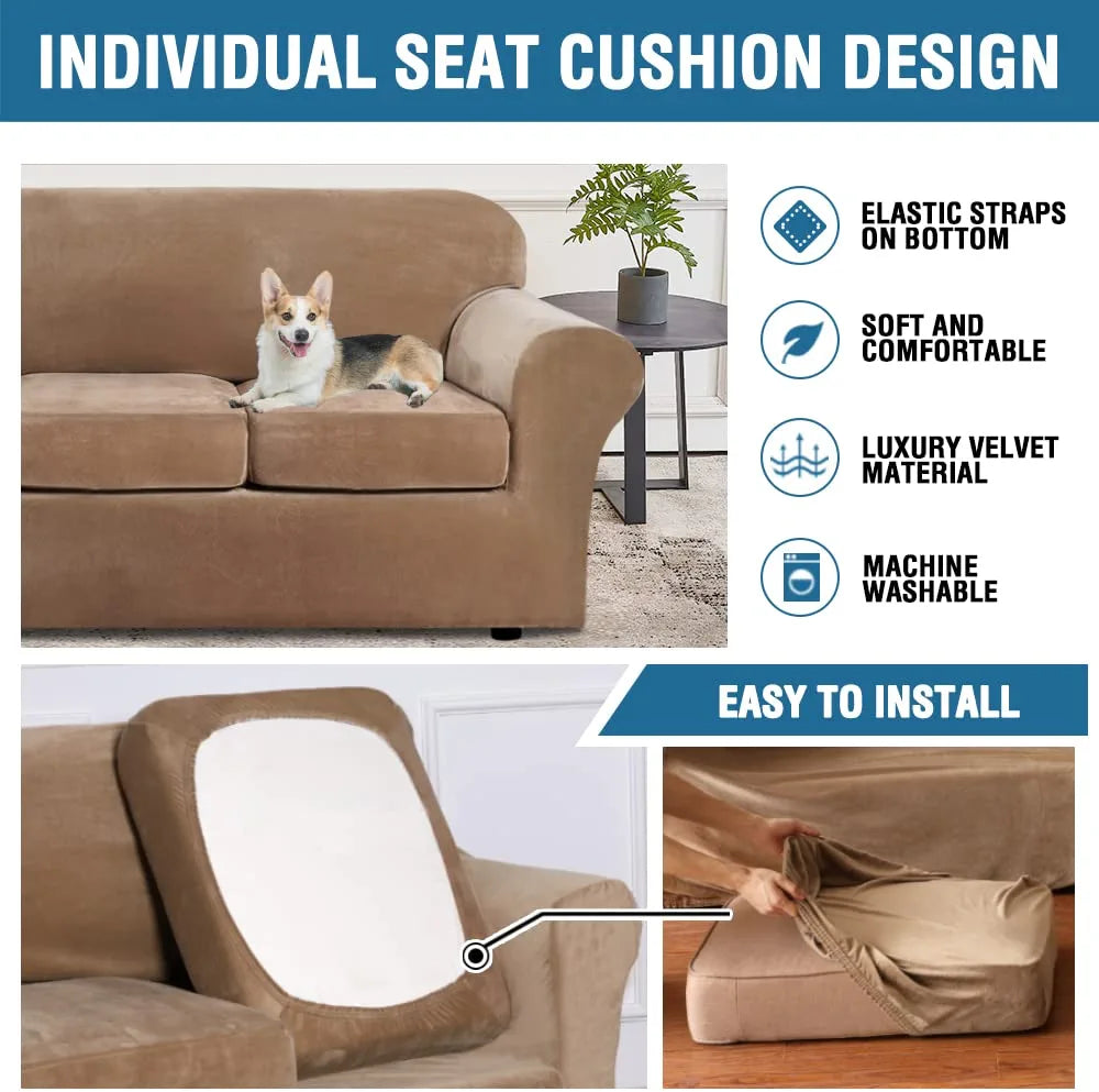 Modern Velvet Plush 4 Piece High Stretch Sofa Slipcover Sofa Cover Furniture Protector Form Fit Luxury Thick Velvet Sofa Cover for 3 Cushion Couch, Machine Washable (Sofa,Camel)