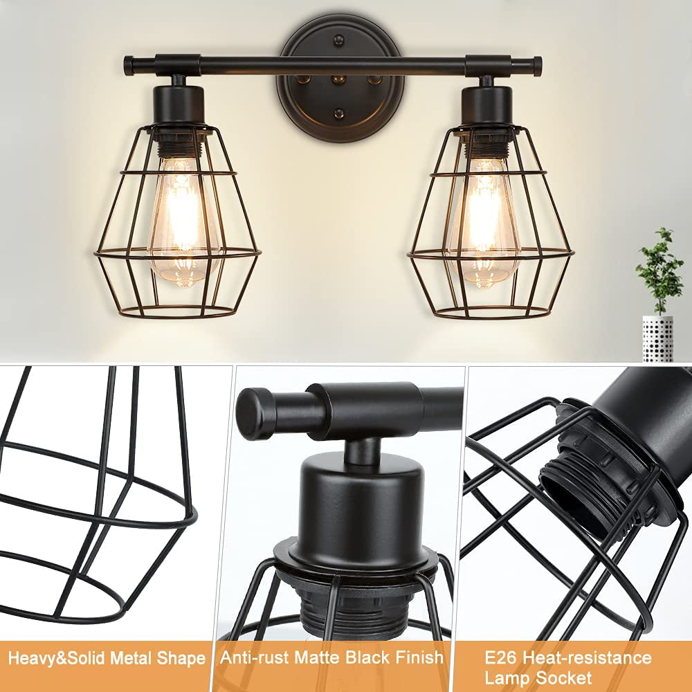 2-Light Industrial Bathroom Vanity Light, Farmhouse Metal Cage Wall Sconces, Rustic Matte Black Wall Mount Light Fixtures, Porch Wall Lamps for Living Room, Mirror Cabinets, Bedroom, E26 Base
