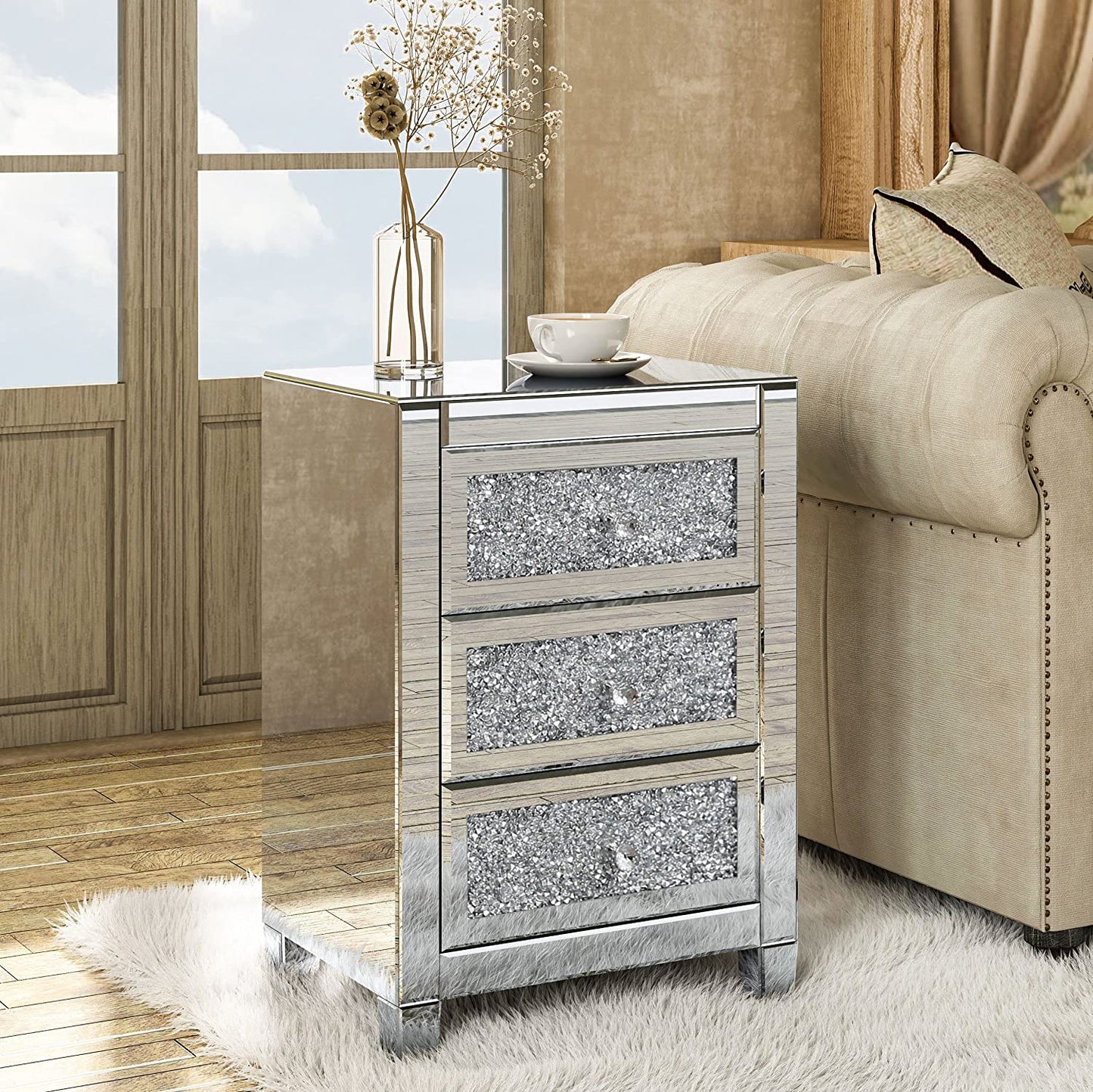 Mirrored Nightstand Crystal Mirror End Table with 3 Drawers Mirror Bedside Table Silver Nightstand for Living Room Bedroom Sofa Couch, No Need Assemble
