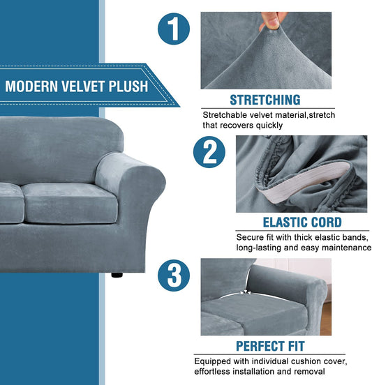 Modern Velvet Plush 4 Piece High Stretch Sofa Slipcover Sofa Cover Furniture Protector Form Fit Luxury Thick Velvet Sofa Cover for 3 Cushion Couch, Machine Washable (Sofa,Stone Blue)