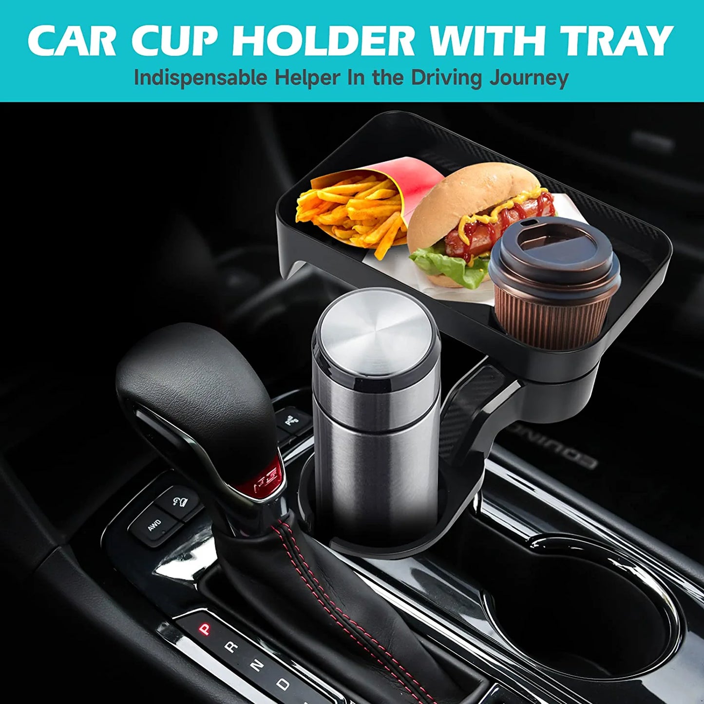 Car Cup Holder Expander Tray New Version Multifunctional Automotive Cup Attachable Tray with 360°Rotation Detachable Tray Table Adjustable Base, Adapt 16-32Oz Cup/Bottles/Drink