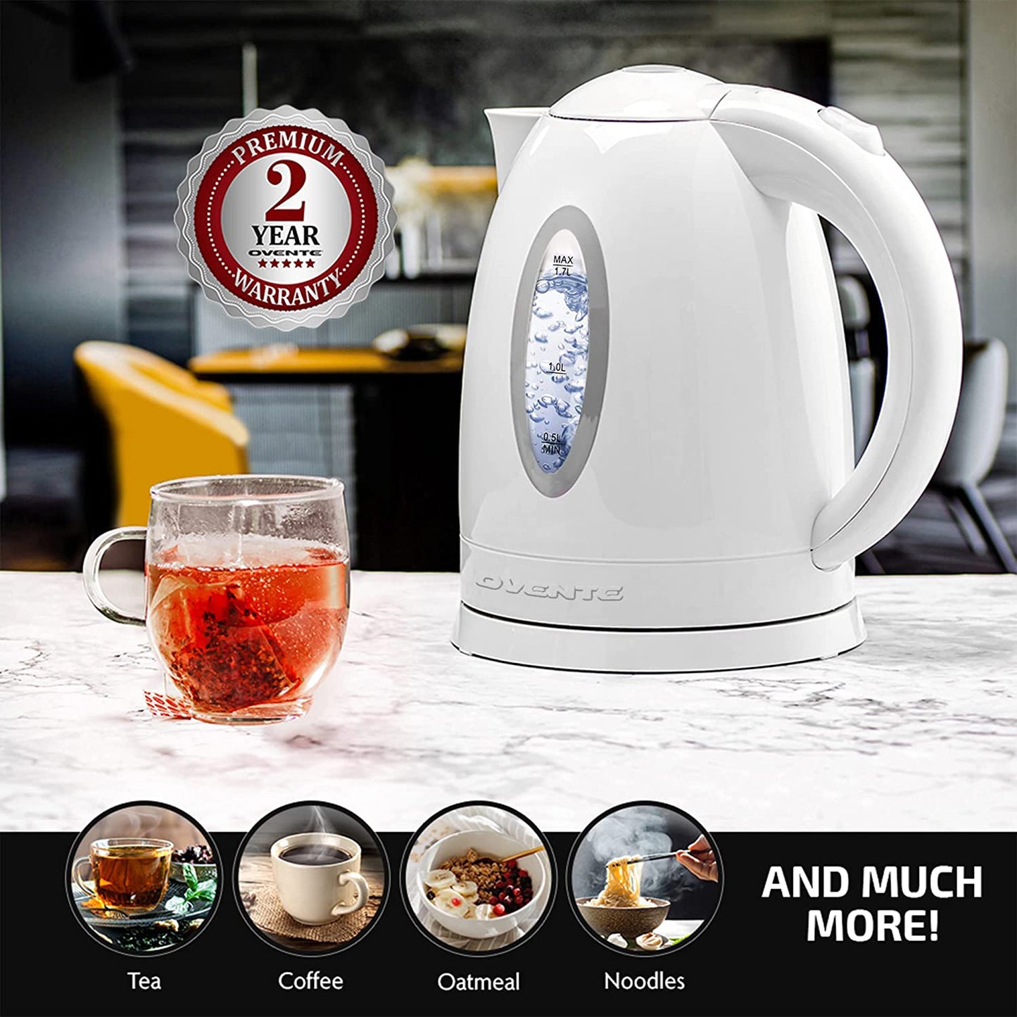 Electric Hot Water Kettle 1.7 Liter with LED Light, 1100 Watt Bpa-Free Portable Tea Maker Fast Heating Element with Auto Shut-Off and Boil Dry Protection, Brew Coffee & Beverage, White KP72W