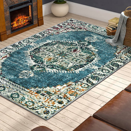 Persian Oriental Area Rug 3X5 Ft Vintage Throw Rugs Machine Washable Rectangle Boho Trible Accent Rug Non-Slip Backing Distressed Floor Carpet for Indoor Living Room Sofa Bedroom-Blue
