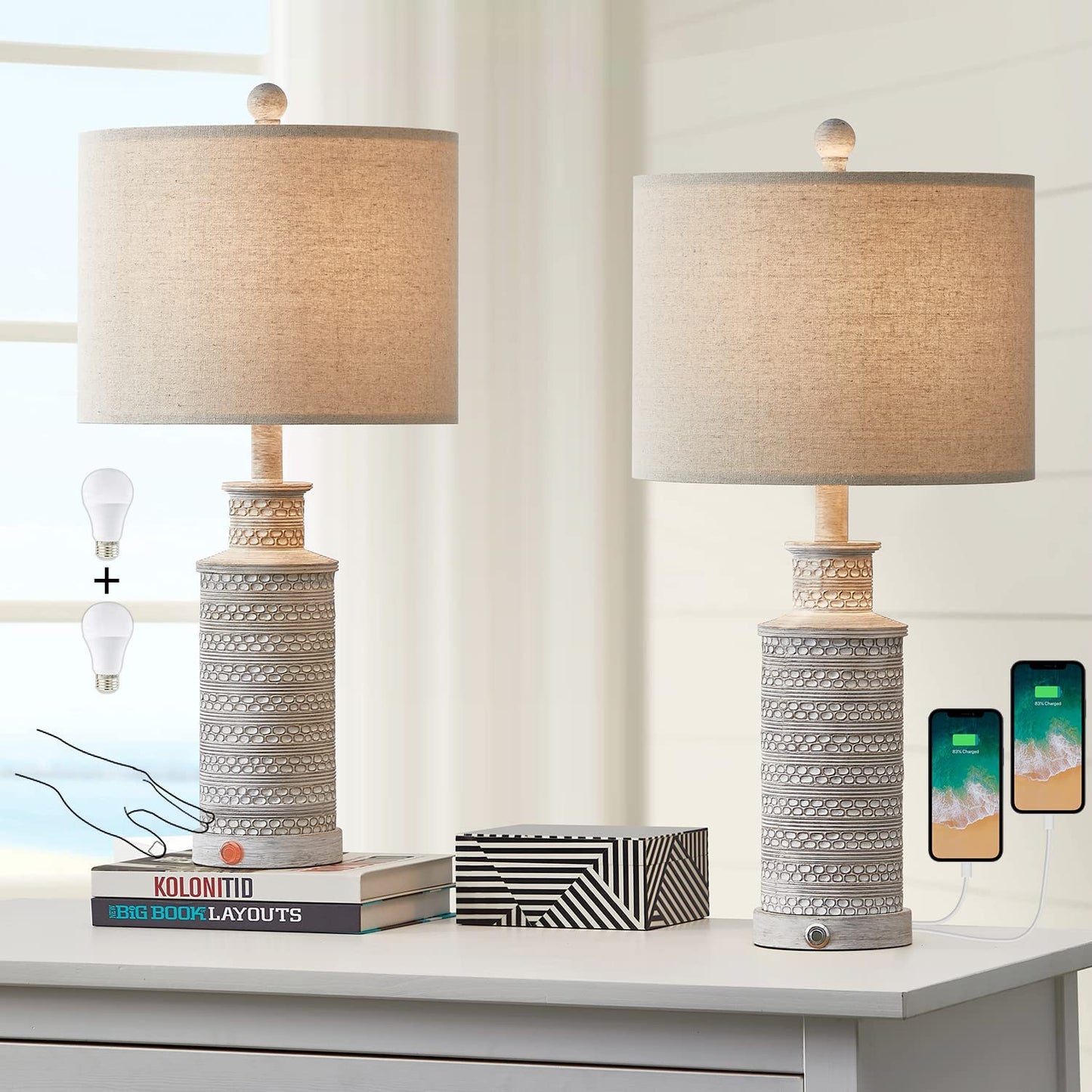 3-Way Dimmable Touch Control Table Lamp Set of 2 with Dual USB Charging Ports for Bedroom Living Room Vintage Rustic Farmhouse Traditional Nightstand Bedside Lamps(Bulbs Included)