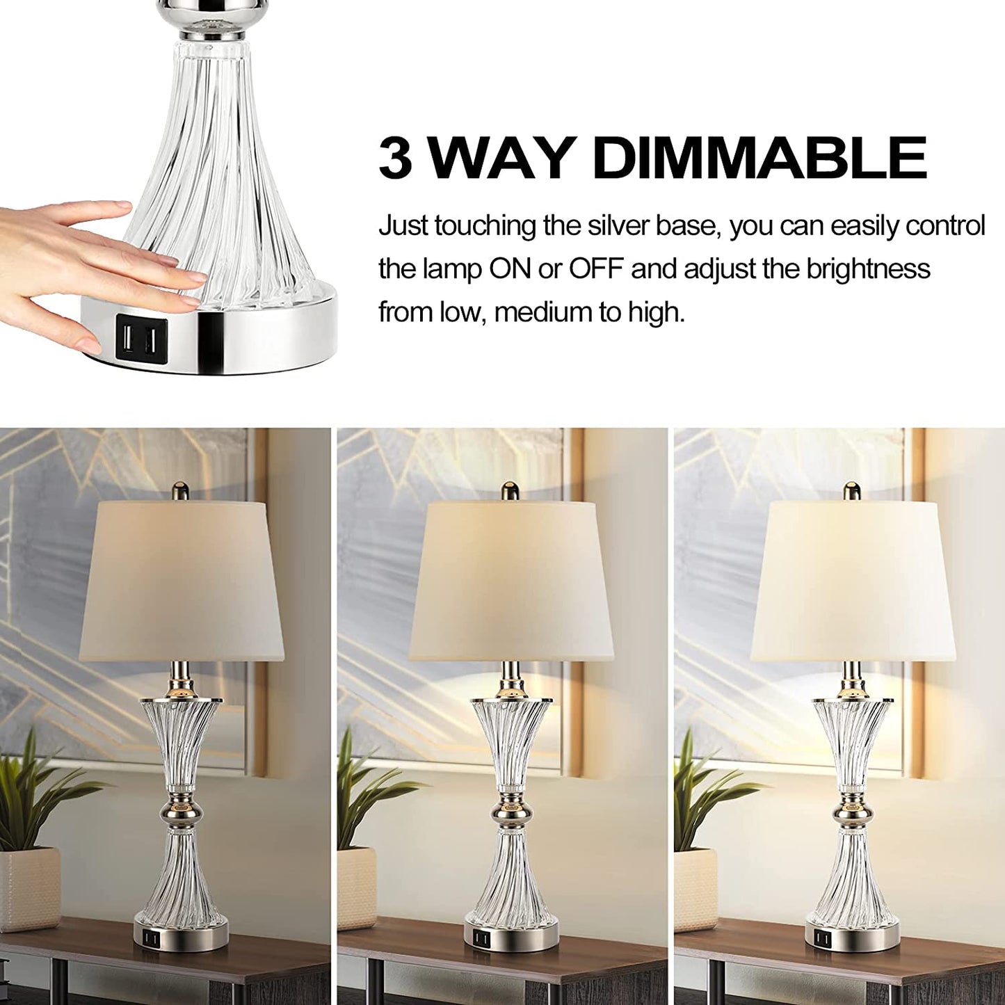 Touch Control Table Lamp for Bedrooms 3 Way Dimmable White Drum Shade Modern Bedsides Nightstand Lamp Set of 2 with 2 USB Charging Port(Bulbs Included)