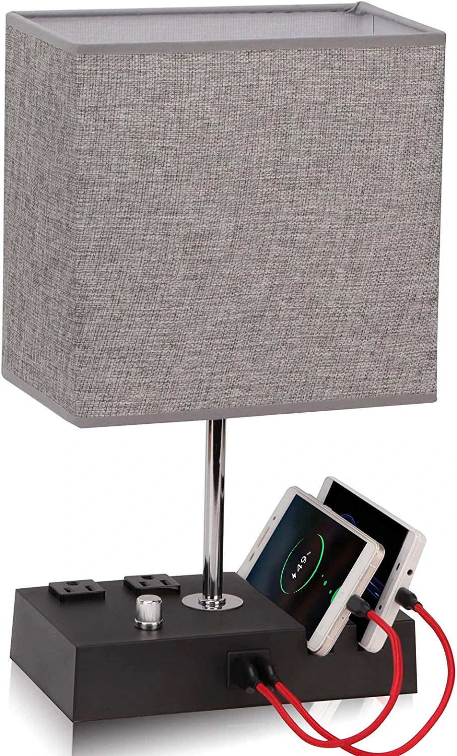 Fully Dimmable Table Lamp for Bedroom Living Room Dual USB Port - Bedside Desk Lamp for Nightstand with Charging Station 2 Power Outlets, Grey Fabric Lampshade LED Bulb Included (Black/Grey)