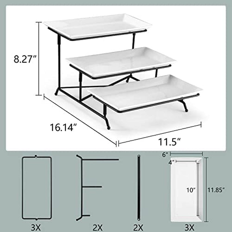 3 Tier Serving Tray Set 12 Inch Porcelain Tiered Serving Trays Platters, Collapsible Sturdier Stand with Stable Cross Bars, Three Layer Serving for Party Entertaining Food Display Fruit Dessert