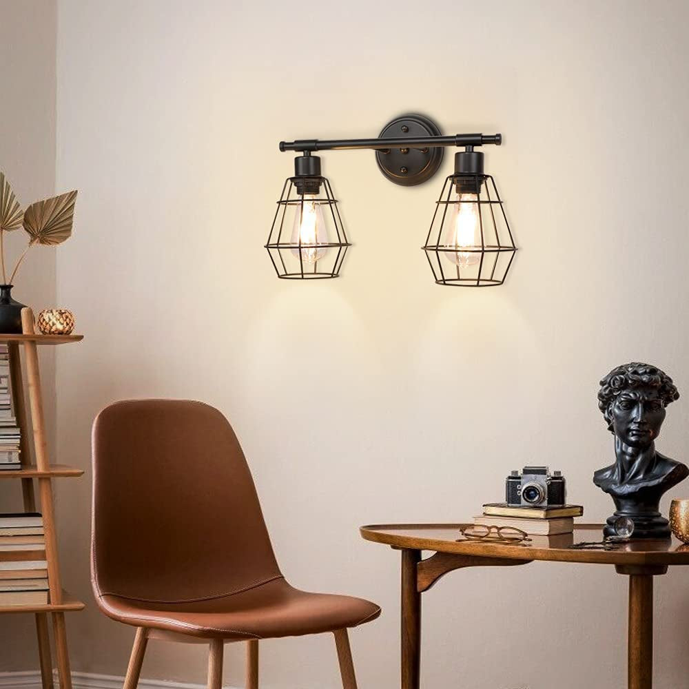 2-Light Industrial Bathroom Vanity Light, Farmhouse Metal Cage Wall Sconces, Rustic Matte Black Wall Mount Light Fixtures, Porch Wall Lamps for Living Room, Mirror Cabinets, Bedroom, E26 Base