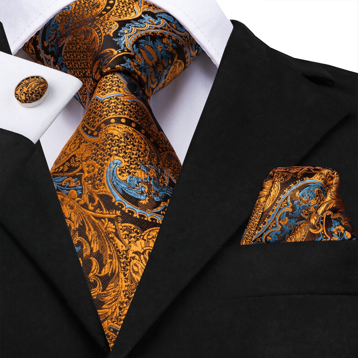 Extra Long Mens Tie 100% Silk Brown Floral Paisley Necktie Set Wedding US