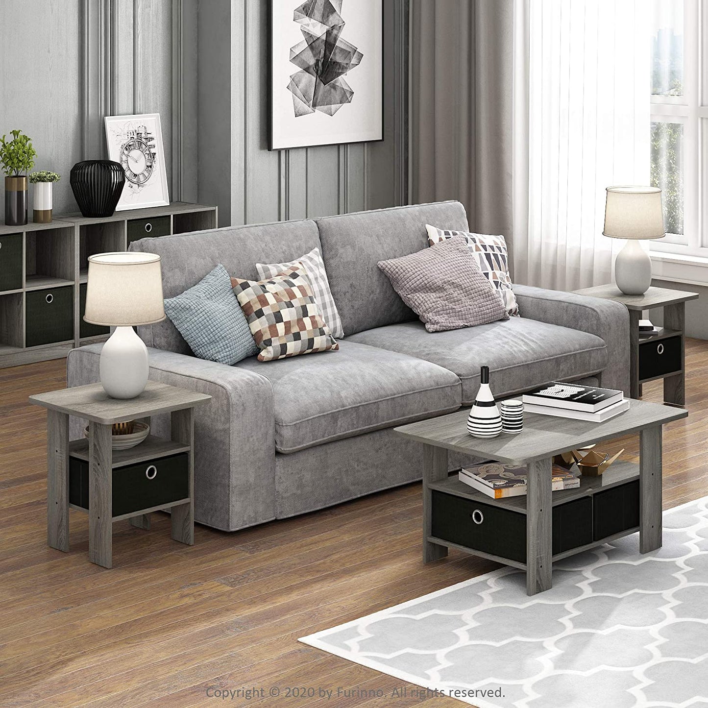Andrey Set of 2 End Table / Side Table / Night Stand / Bedside Table with Bin Drawer, French Oak Grey