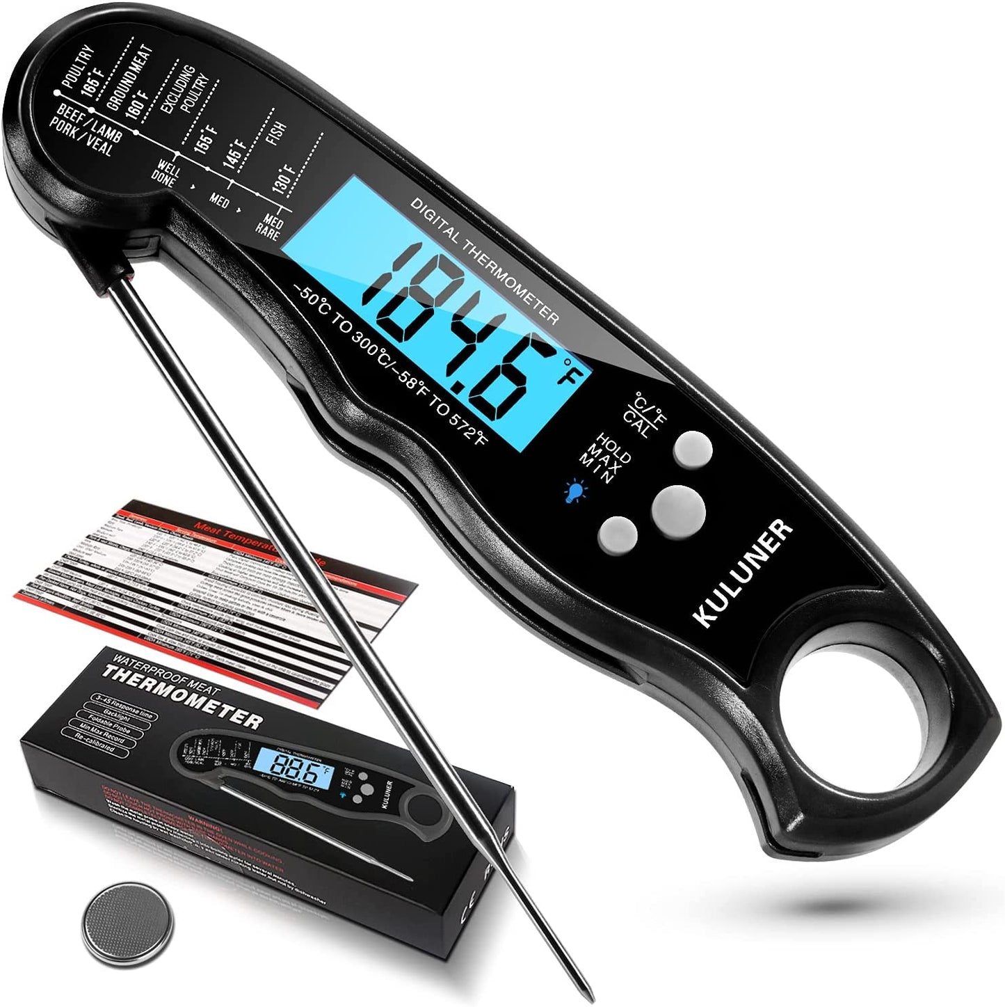 TP-01 Waterproof Digital Instant Read Meat Thermometer with 4.6” Folding Probe Backlight & Calibration Function for Cooking Food Candy, BBQ Grill, Liquids,Beef(Black)