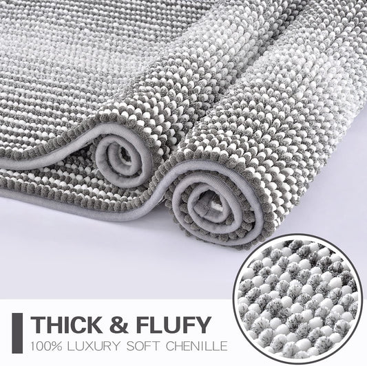Bathroom Rugs and Mats Sets, 2 Piece Thick Absorbent Chenille Bath Mat Rug Set Non Slip, Soft Shaggy Bath Room Floor Mats for Bathroom, Machine Washable (20" X 47" plus 16" X 24", Gray)