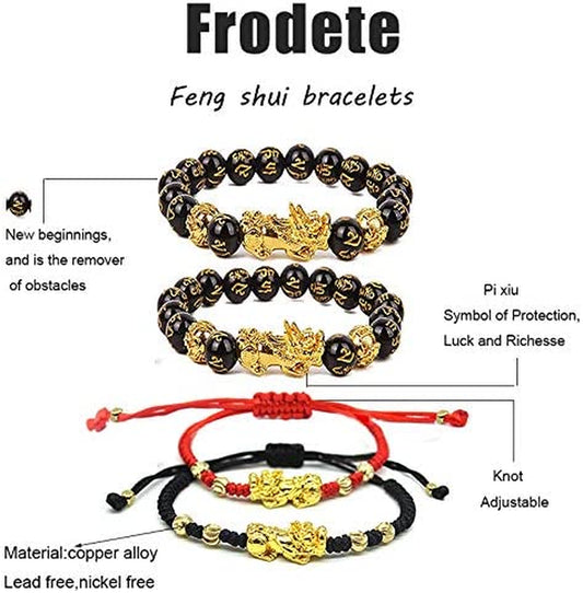 Feng Shui Black Obsidian Wealth Bracelet for Women Men Adjustable Elastic Leather Jewerly