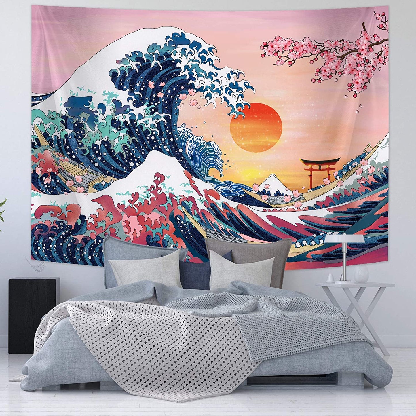 The Great Wave Tapestry Japanese Ocean Wave Wall Decorations Cherry Blossom Tree Backdrop Sunset Tapestry Wall Hanging Kanagawa Tapestry for Japanese Party Home Decorations (59 X 78.7 Inch)