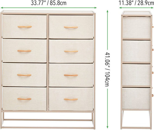 Wide Modern 8-Drawer Dresser Storage Unit, Sturdy Steel Frame, Wood Top, Easy-Pull Wood Handles/Fabric Bins, Organizer for Bedroom, Hallway, Entryway, Closet, Margo Collection, Cream/Gold