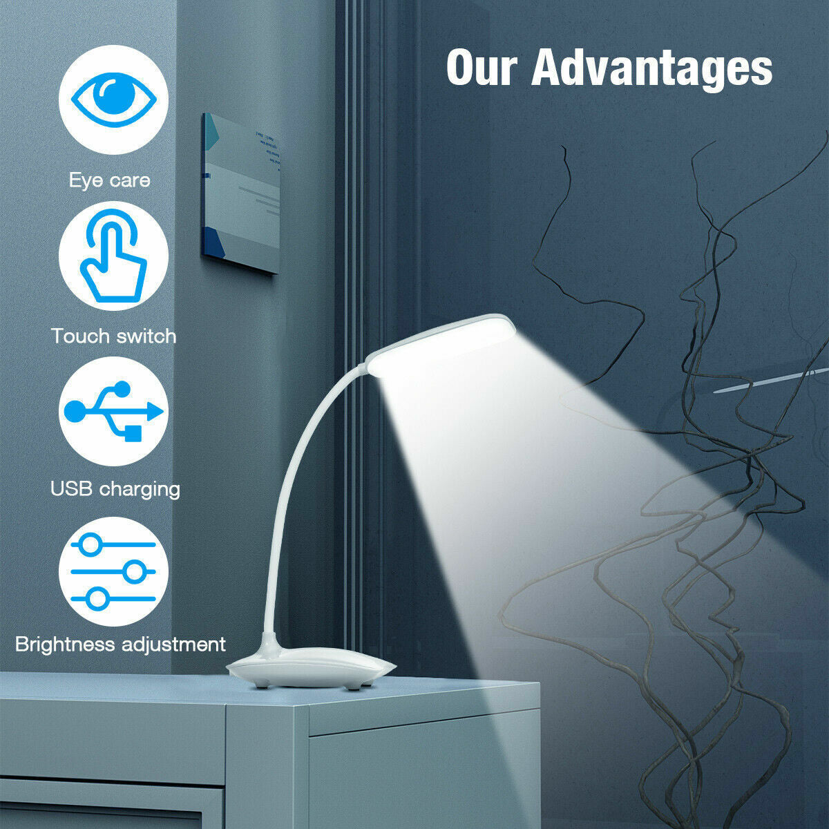 Dimmable LED Desk Light Touch Sensor Table Bedside Reading Lamp USB Rechargeable