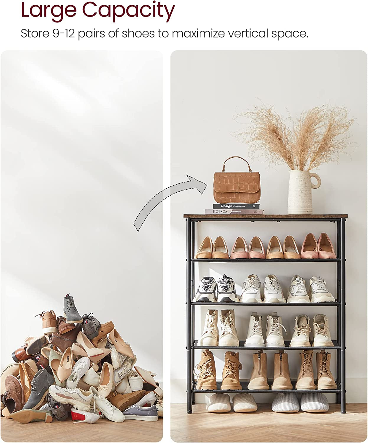 Shoe Rack 5 Tier, Narrow Shoe Organizer for Closet Entryway, with 4 Fabric Shelves and Top for Bags, Shoe Shelf, Steel Frame, Industrial, Rustic Brown and Black ULBS036B01