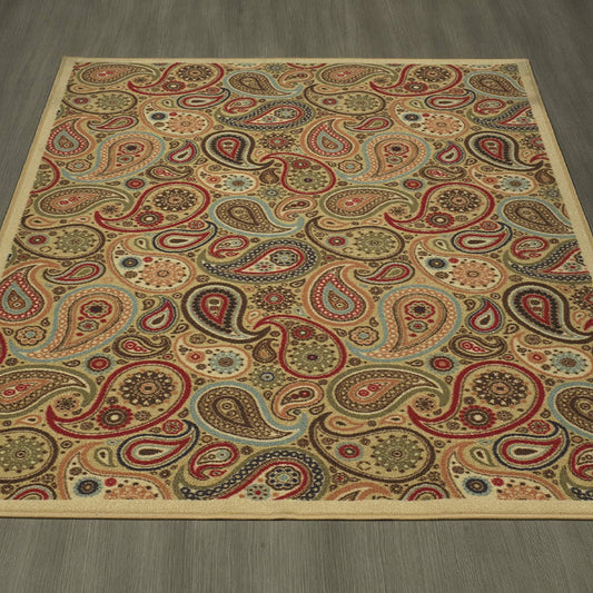 Ottohome Collection Non-Slip Rubberback Paisley Design 5X7 Indoor Area Rug, 5' X 6'6", Beige