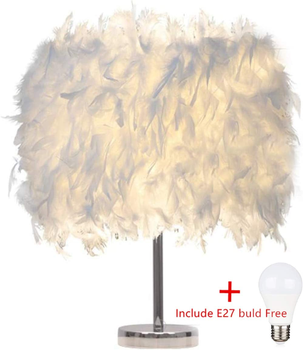 Feather Lamp,White beside Table Lamp for Bedroom,Children,Wedding,Birthday,Vintage Deco Desk Light Free Light Buld Include(A)