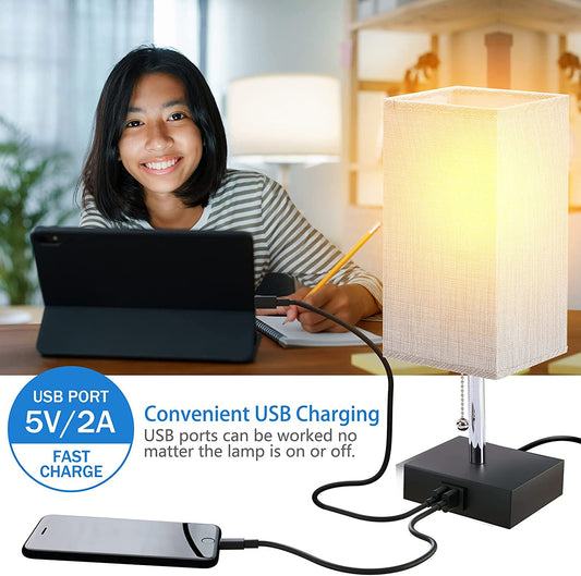 Bedside Table Lamp - Pull Chain Table Lamp with 2 USB Charging Ports, Solid Bedroom Lamps with Gray Fabric Shade Nightstand Light for Living Room, Office, Reading (LED Bulb Included)
