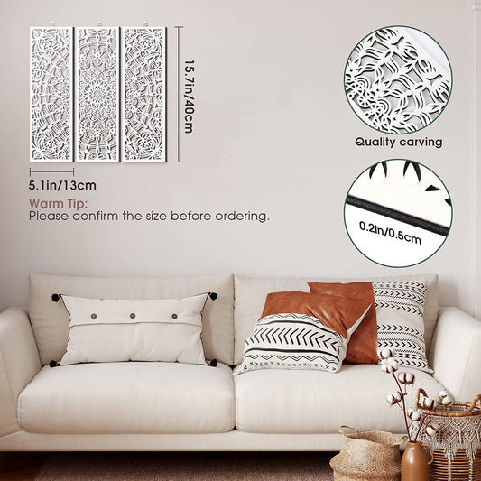 Set of 3 Lightweight Mandala Wall Art White Carved Wood Hanging Wall Decor Modern Cutout Wooden Plaque Floral Aesthetic Wood Decor with Hook for Home Bedroom Kitchen Cafe Office, 15.75 X 5.12 Inch