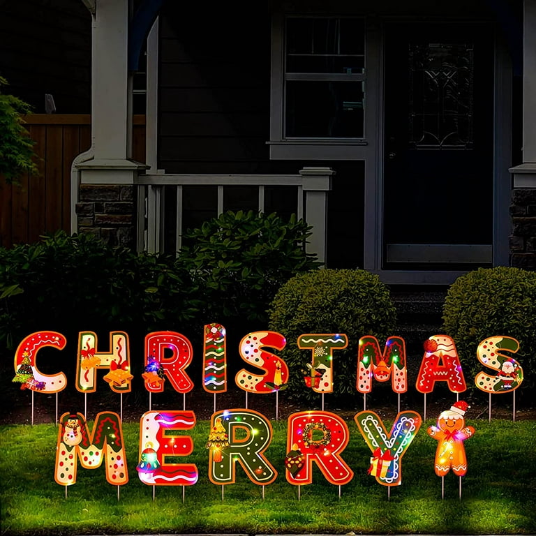 Homify Christmas Outside Decorations for Yard with Light String - 15 Pack Xmas Letters Yard Sign Large Yard Stakes Decor- Holiday Outdoor Signs for Home Lawn Pathway Walkway