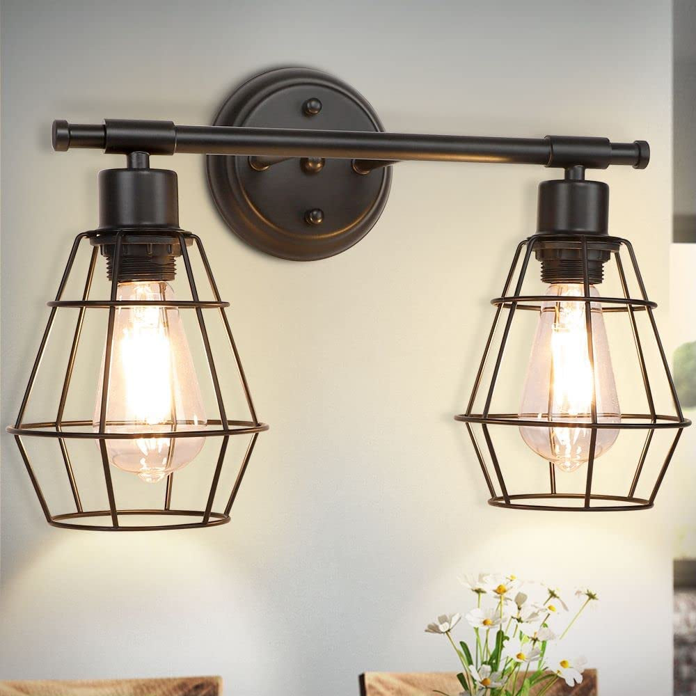 2-Light Industrial Bathroom Vanity Light, Farmhouse Metal Cage Wall Sconces, Rustic Matte Black Wall Mount Light Fixtures, Porch Wall Lamps for Living Room, Mirror Cabinets, Bedroom, E26 Base