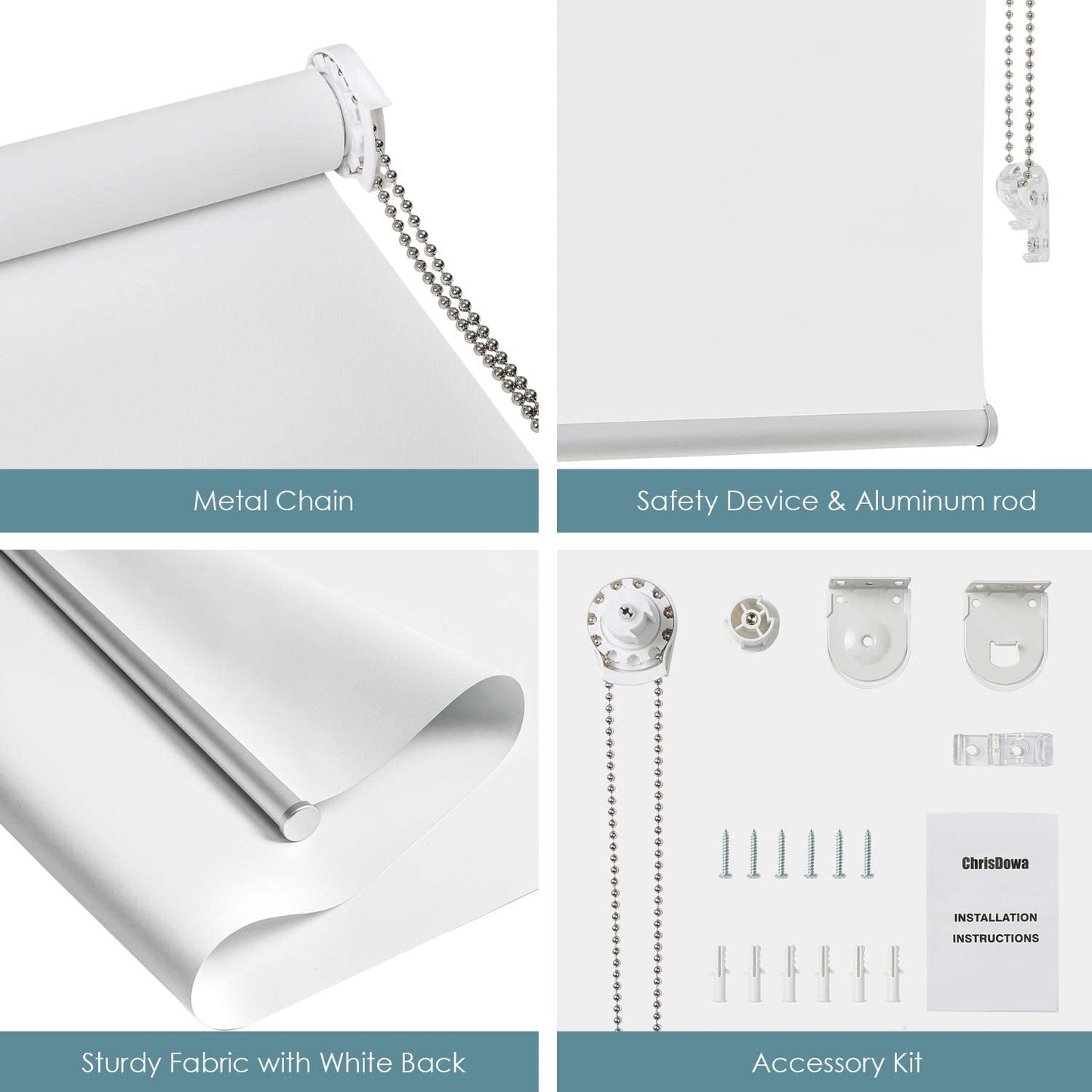 100% Blackout Roller Shade, Window Blind with Thermal Insulated, UV Protection Fabric. Total Blackout Roller Blind for Office and Home. Easy to Install. White,20" W X 72" H