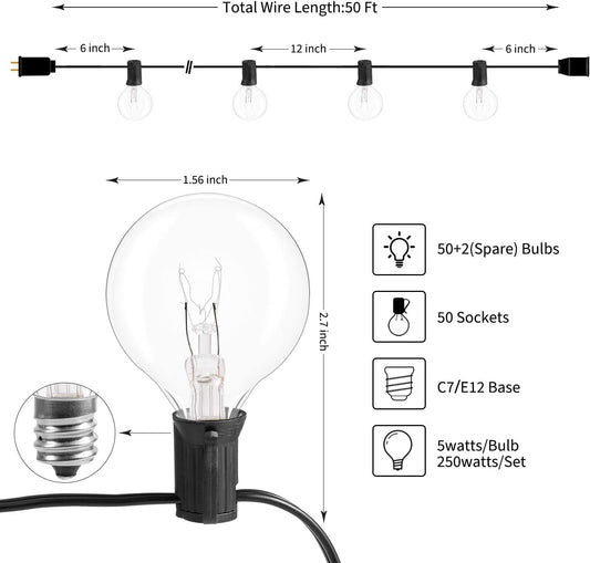 Outdoor String Light 50Feet G40 Globe Patio Lights with 52 Edison Glass Bulbs(2 Spare), Waterproof Connectable Hanging Light for Backyard Porch Balcony Party Decor, E12 Socket Base, Black