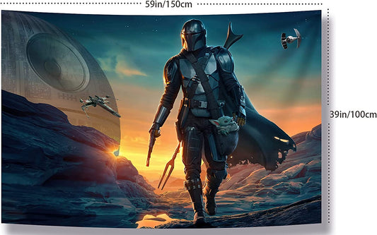 Tapestry Banner Star Wars Mandalorian Yoda Blue Death Star Wall Posters Wall Hanging Decoration for Bedroom Dorm Cool-For Party Art Wall Tapestry (Mandalorian Yoda, 39''X 59'')