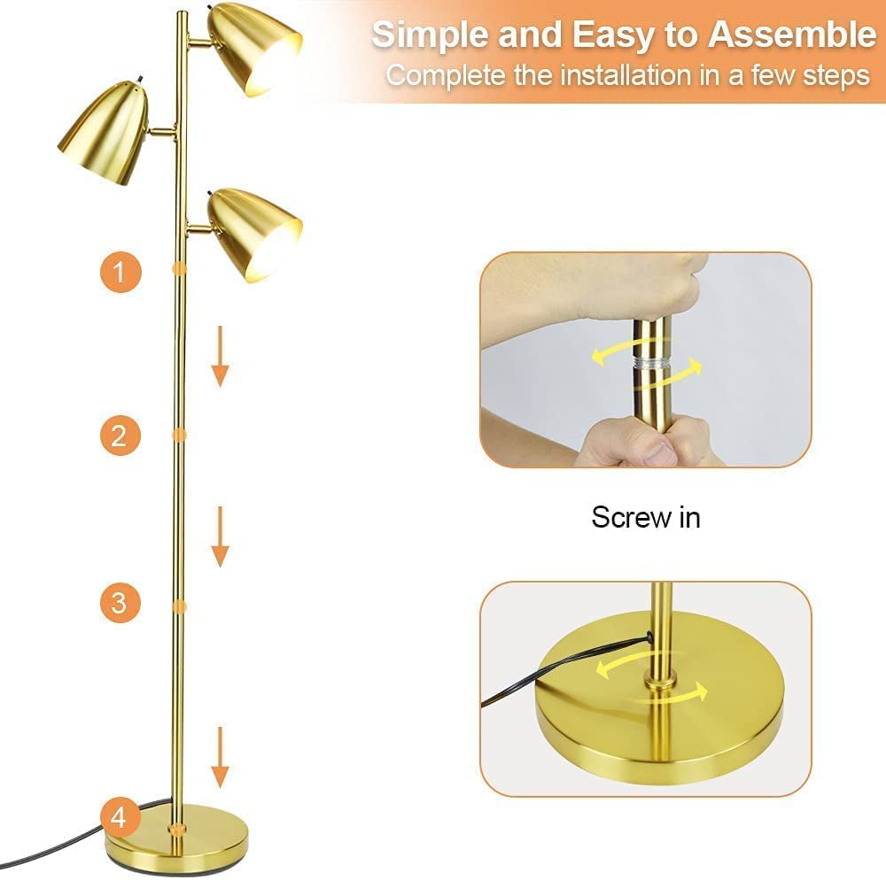 DLLT Modern Floor Lamp, 3-Light Reading Standing Tree Lamp with Adjustable Metal Heads, Brass Tall LED Lighting for Living Room, Bedroom, Study Room, Office, E26 Base (Bulbs Include)