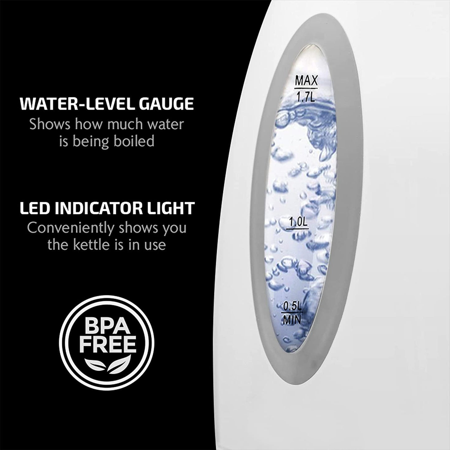 Electric Hot Water Kettle 1.7 Liter with LED Light, 1100 Watt Bpa-Free Portable Tea Maker Fast Heating Element with Auto Shut-Off and Boil Dry Protection, Brew Coffee & Beverage, White KP72W