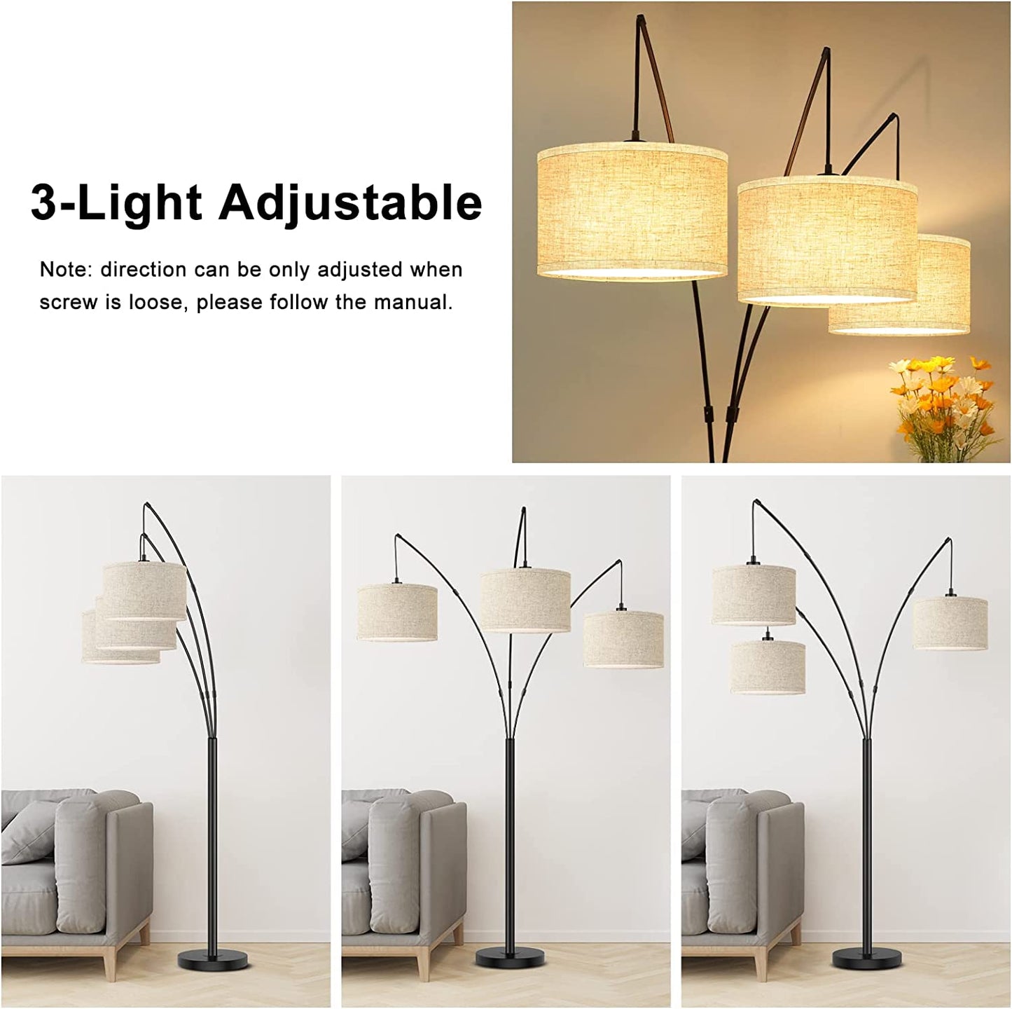 Arc Floor Lamps, 3-Light Arched Standing Lamp Hanging over the Couch, Trinity Arc Lamp with Foot Switch, Heavy Base, Modern Tall Pole Lamps for Living Room Bedroom Office Bright Lighting