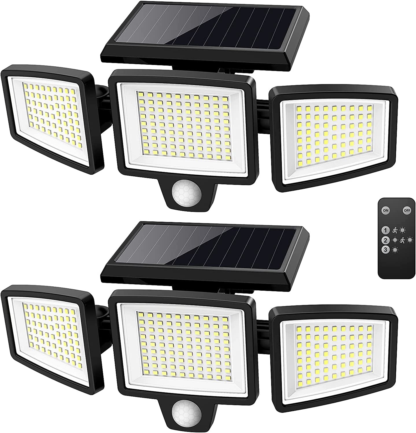 Solar Outdoor Lights , 2500LM 210 LED Security Lights with Remote Control,3 Heads Motion Sensor Lights, IP65 Waterproof,270° Wide Angle Flood Wall Lights with 3 Modes(2 Packs)