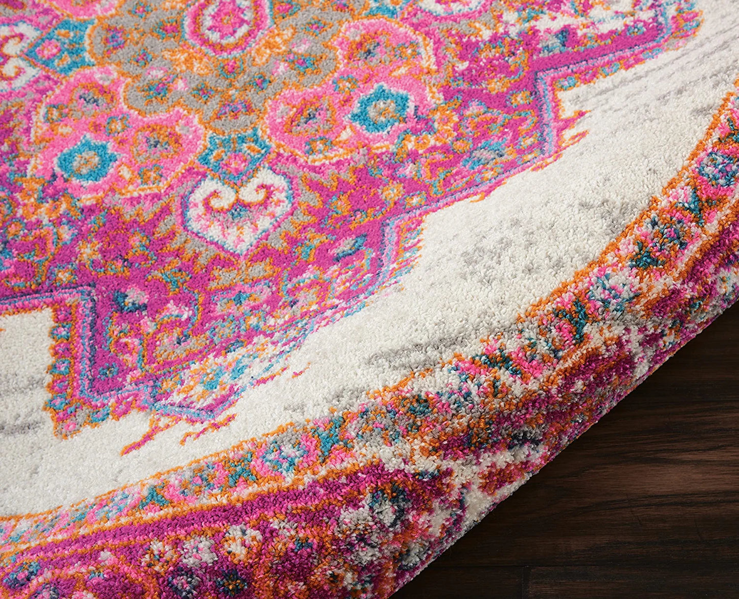 Passion Ivory/Fuchsia 4' X round Area Rug, Boho, Traditional, Easy Cleaning, Non Shedding, Bed Room, Living Room, Hallway, (4' Round)