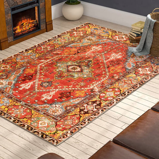 Oriental Floral Area Rug 3X5 Persian Distressed Living Room Throw Rug Boho Trible Indoor Washable Accent Rug Faux Wool Non-Slip Collection Floor Carpets for Sofa Dining Room Bedroom-Orange