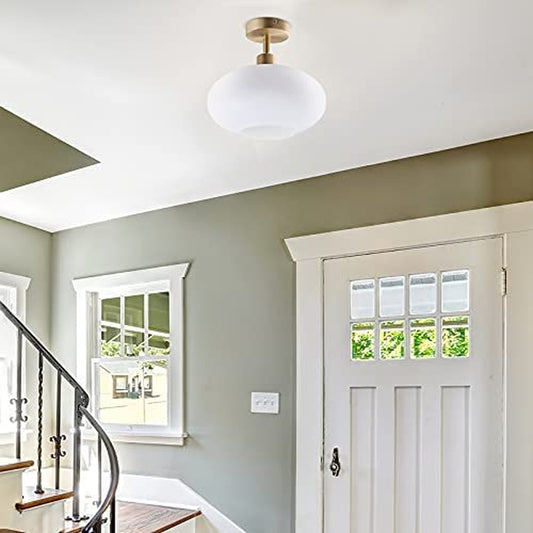 Archiology Semi Flush Mount Ceiling Light,Modern Ceiling Light with Opaline Glass Shade&Brass Metal Base Layer,Flush Mount Light Fixture for Dining Room, Bedroom, Cafe, Bar, Hallway, Passway