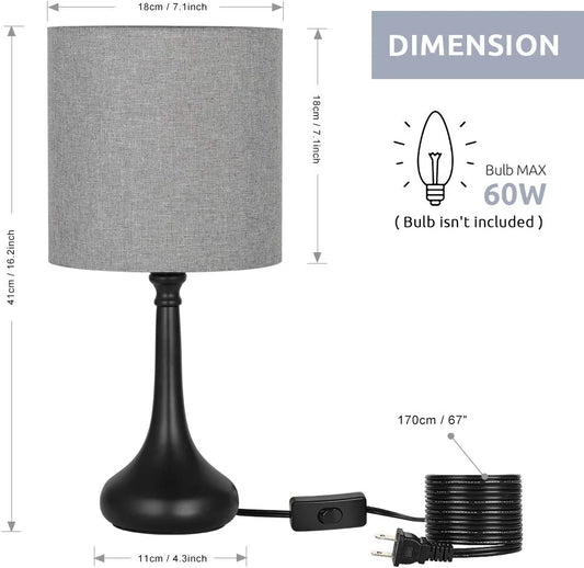Small Table Lamps - Vintage Bedside Nightstand Lamps Set of 2 for Bedroom, Office, College Dorm with Metal Base & Fabric Lamp, Gray