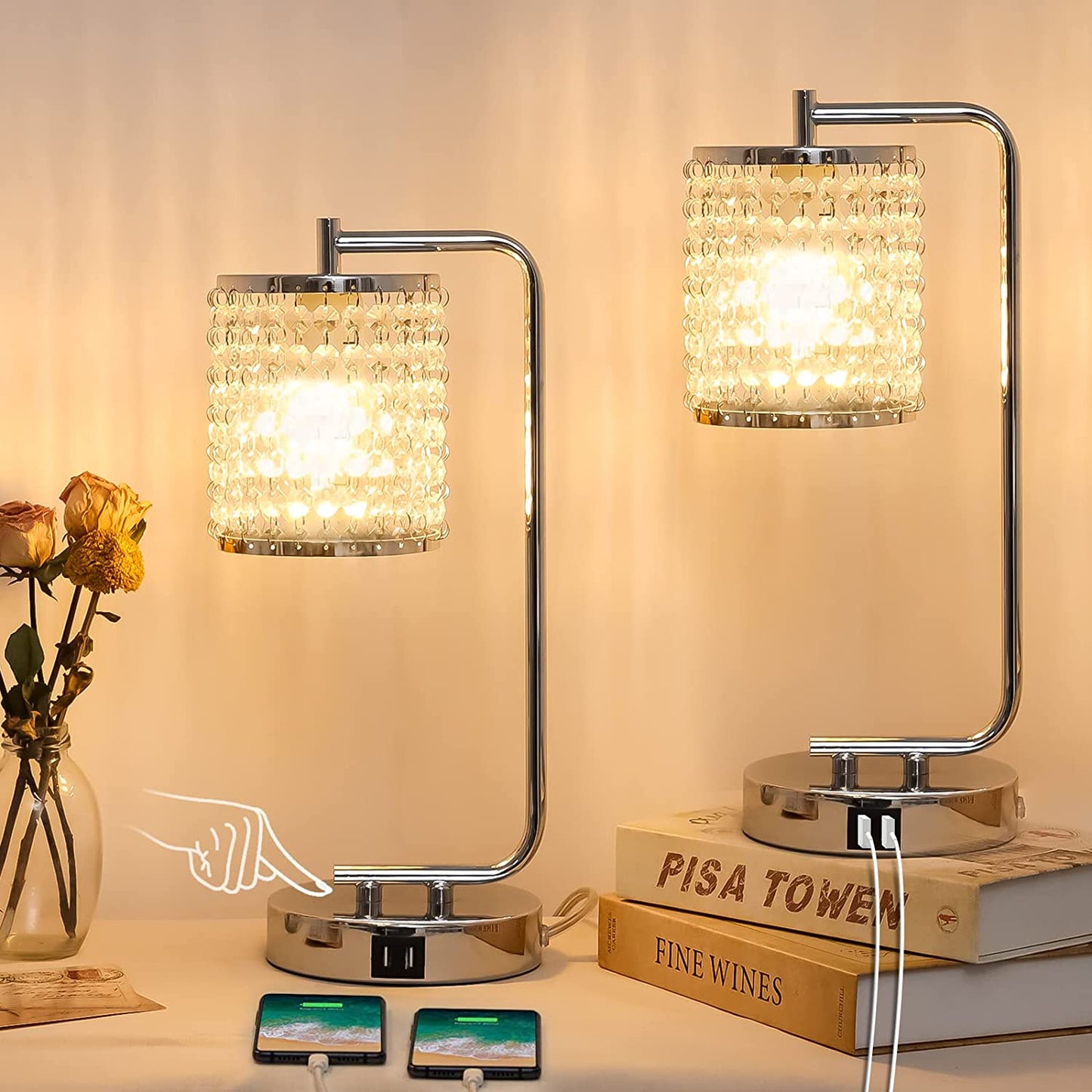 FAGUANGAO Crystal Touch Control Table Lamp,With Dual USB Charging Ports,3 Way Dimmable Set of 2 Silver Bedside Nightstand Lamp Industrial Desk Lamps E26 Base for Bedroom Living Room,Led Bulbs Included