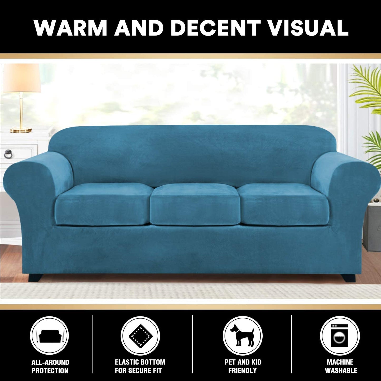 4 Pieces Sofa Covers Stretch Velvet Couch Covers for 3 Cushion Sofa Slipcovers Soft Sofa Slip Covers Furniture Covers with 3 Individual Seat Cushion Covers, Machine Washable (Large, Blue)