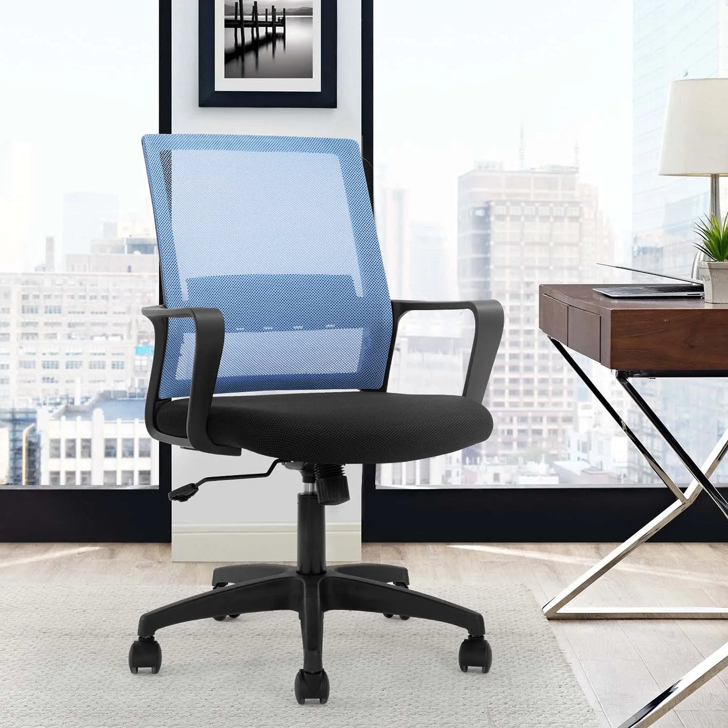 Office Chair Ergonomic Desk Task Chair Mesh Computer Chair Mid-Back Mesh Home Office Swivel Chair Modern Executive Chair with Wheels Armrests Lumbar Support (Blue)