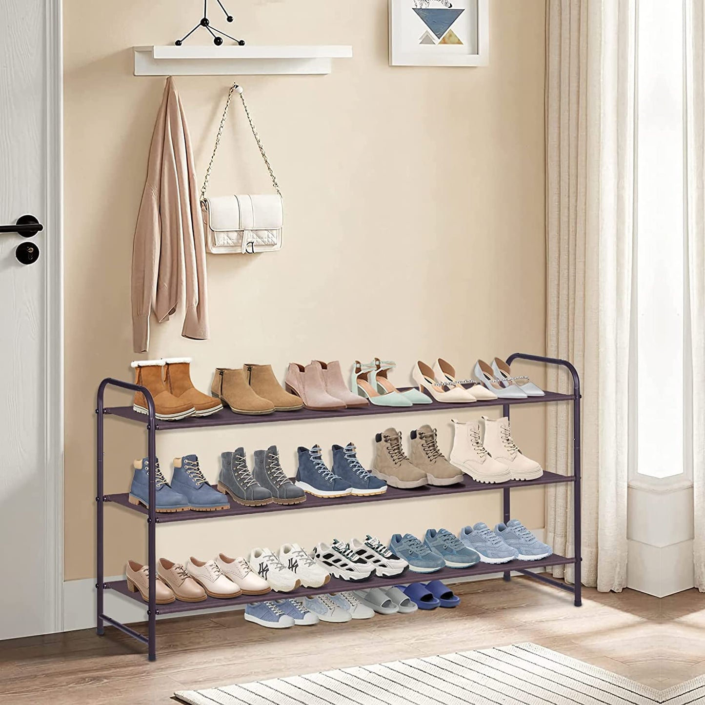 3-Tier Long Shoe Rack for Closet Stackable Wide Shoe Shelf Organizer and Storage for Floor, Entryway (Bronze)