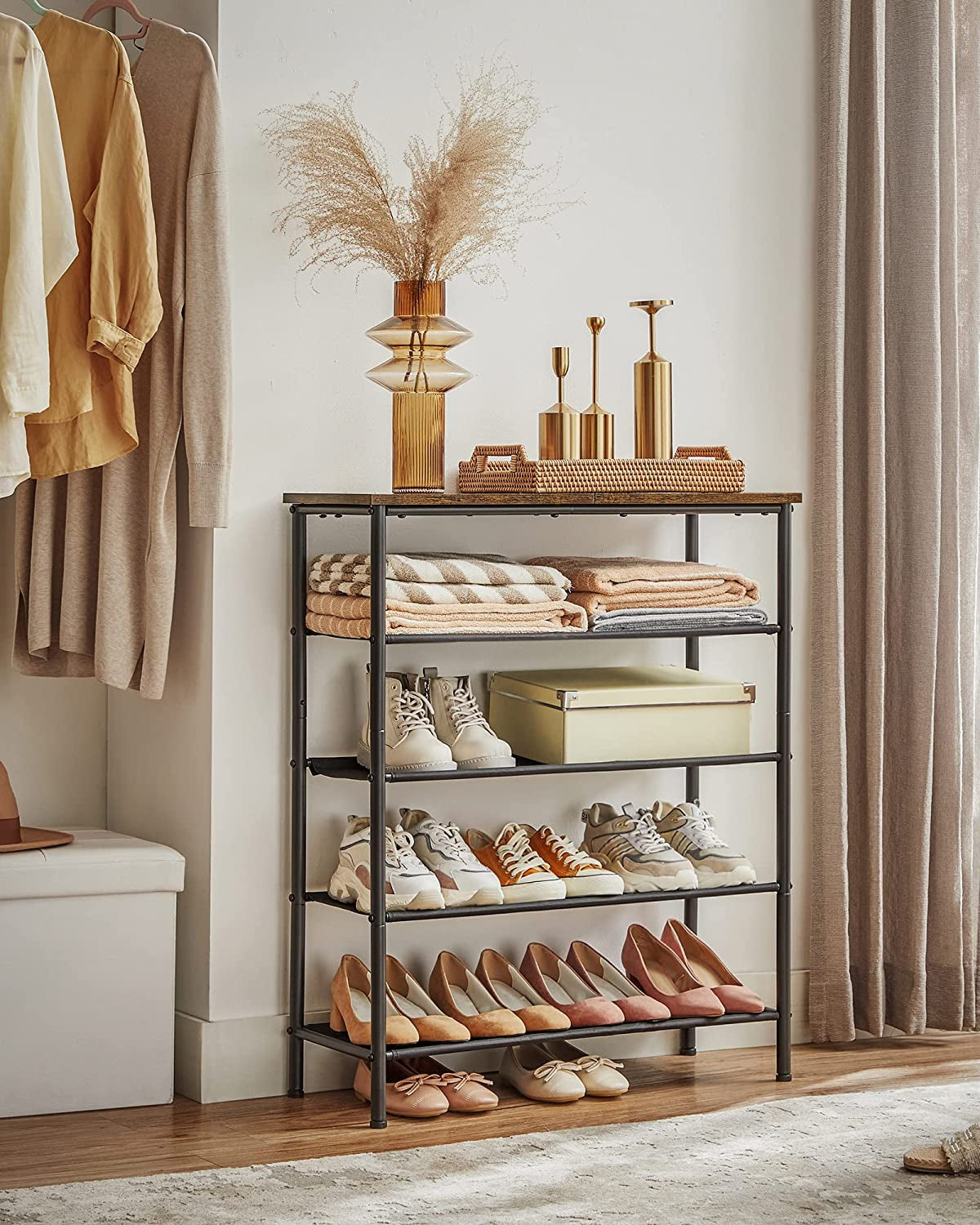 Shoe Rack 5 Tier, Narrow Shoe Organizer for Closet Entryway, with 4 Fabric Shelves and Top for Bags, Shoe Shelf, Steel Frame, Industrial, Rustic Brown and Black ULBS036B01