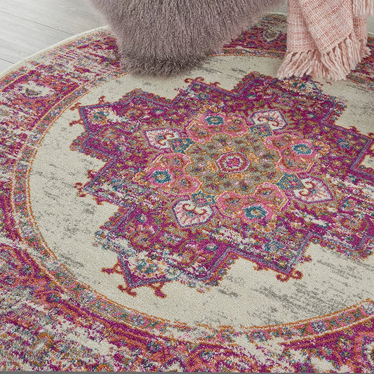 Passion Ivory/Fuchsia 4' X round Area Rug, Boho, Traditional, Easy Cleaning, Non Shedding, Bed Room, Living Room, Hallway, (4' Round)