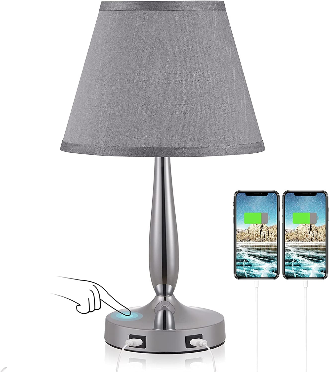 Touch Table Lamp with USB Ports - 3-Way Dimmable Small Nightstand Lamp for Bedroom & Living Room, Bedside Lamp W/ Grey Trapezoidal Shade (Assembled) & Silver/Chrome Metal Base - LED Bulb Included