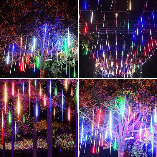 Meteor Shower Lights Outdoor, 11.8 Inch 8 Tubes 192 LED Snowfall Lights, Waterproof Meteor Christmas Lights, Hanging Falling Rain Lights for Tree Bushes Holiday Party Christmas Decor, Multicolored