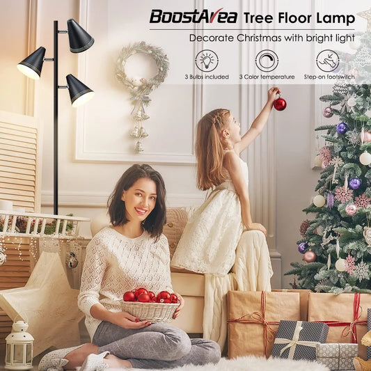 Boostarea Farmhouse Floor Lamp,Standing Tall Pole Lamp,3Pcs 9W LED Tree Floor Lamp,3-Color Temperature,Adjustable Metal Lampshades,Footswitch,Industrial Floor Lamp for Living Room,Bedroom,Home,Black
