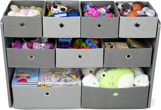 Kids Toy Organizer with 9 Storage Fabric Bins, Grey
