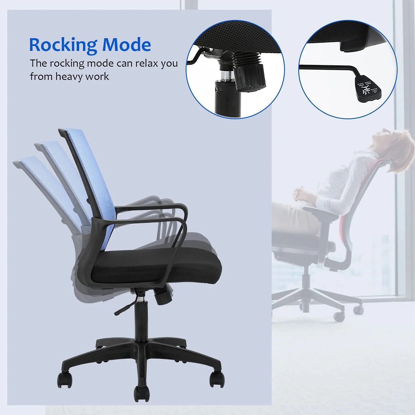 Office Chair Ergonomic Desk Task Chair Mesh Computer Chair Mid-Back Mesh Home Office Swivel Chair Modern Executive Chair with Wheels Armrests Lumbar Support (Blue)