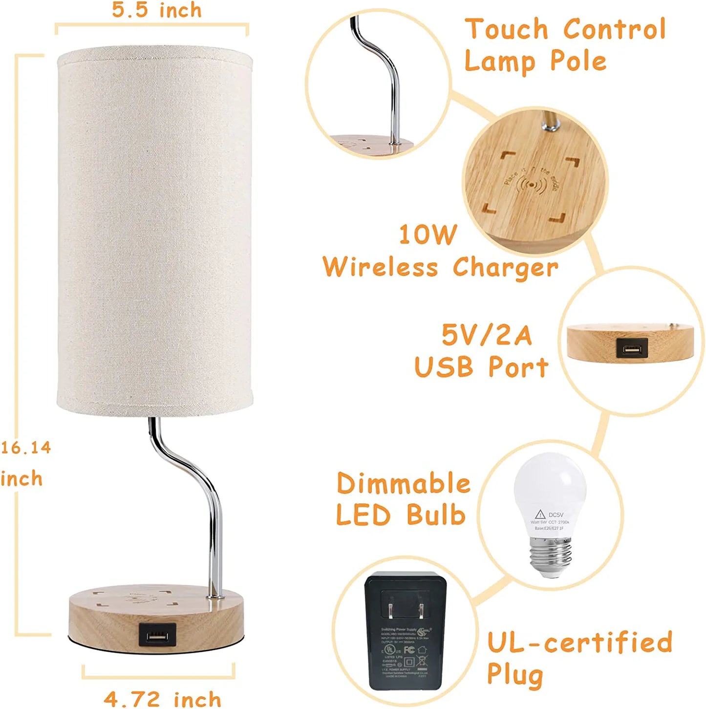 Bedside Lamp with Wireless Charger,Touch Control Night Lamp for Bedroom ,3-Way Dimmable Wooden Nightstand Lamps for Bed Side Table, Small Lamps with USB Charging Port,For Boy Girl Kid Room